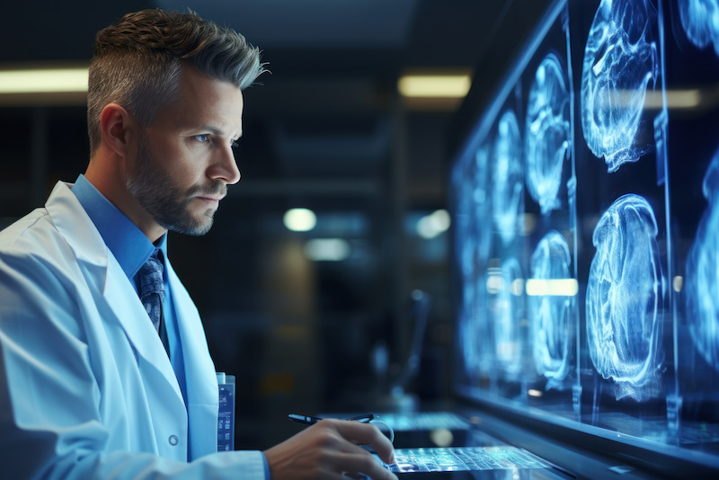 Neuro Hospitalists doctor examining brain xrays Neuro Hospitalists doctor examining brain xrays