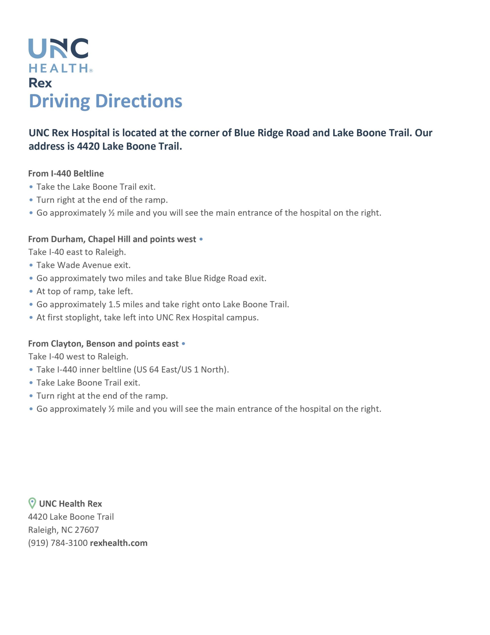 UNC Health Rex Campus Directions UNC Health Rex Campus Directions