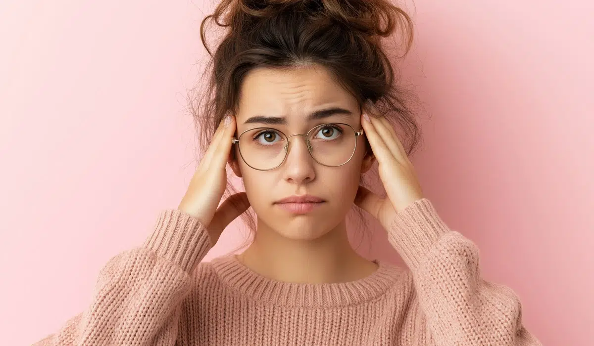 A woman with glasses and a sweater covering her head, accompanied by a warning about brain aneurysm